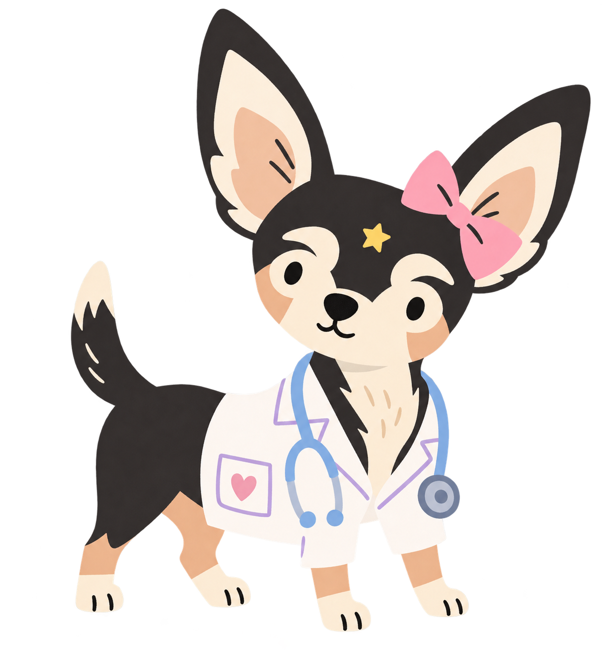 La chihuahua de Dopi Popy Lab, con su batita, moño rosa y estetoscopio celeste